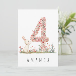 Vierter Geburtstag Floral Vier und Weißes Häschen  Einladung