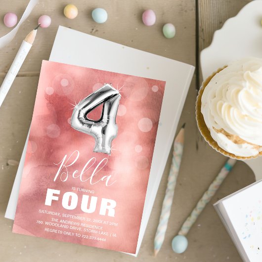 Vierter Geburtstag Silver Ballon | Rosa Party Einladung