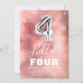 Vierter Geburtstag Silver Ballon | Rosa Party Einladung (Vorderseite)