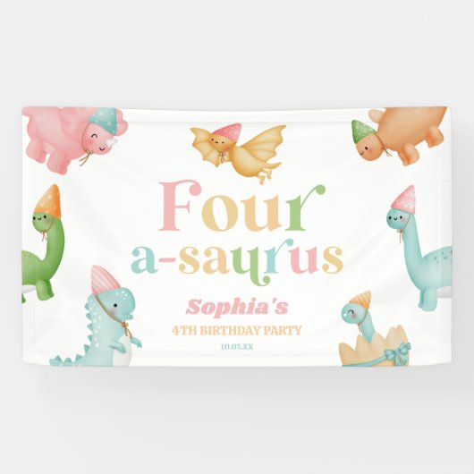 Vierter Geburtstagspartei A-Saurus Dinosaur Banner (Horizontal)