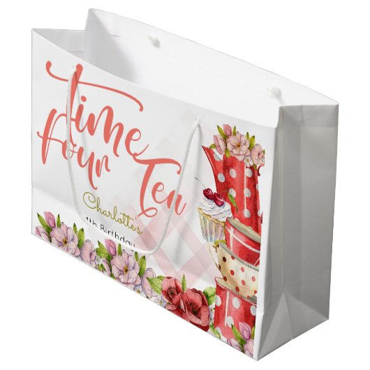 Vierter Tee, Teeblume Geburtstag Große Geschenktüte (Vorderseite Schrägansicht)