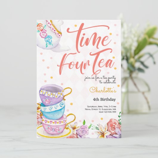 Vierter Tee, vierter Geburtstag Einladung (Stehend Vorderseite)