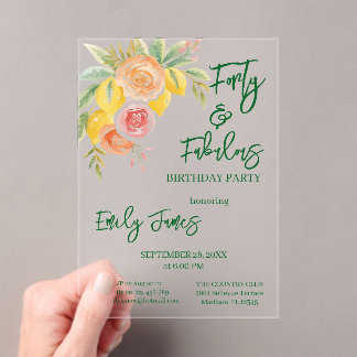Vierzig 40. Geburtstag Blumen-Einladung für Frau Acryleinladungen