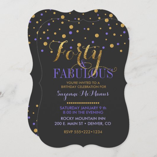 Vierzig & fabelhafte Lila- & Goldfoildots Einladung (Vorne/Hinten)