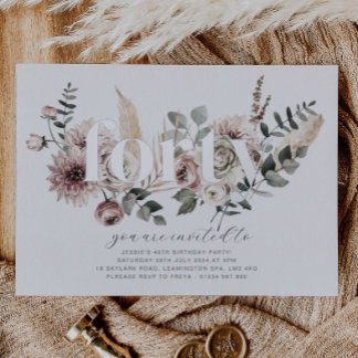 Vierzig Florals - 40. Geburtstag - Silber Folieneinladung