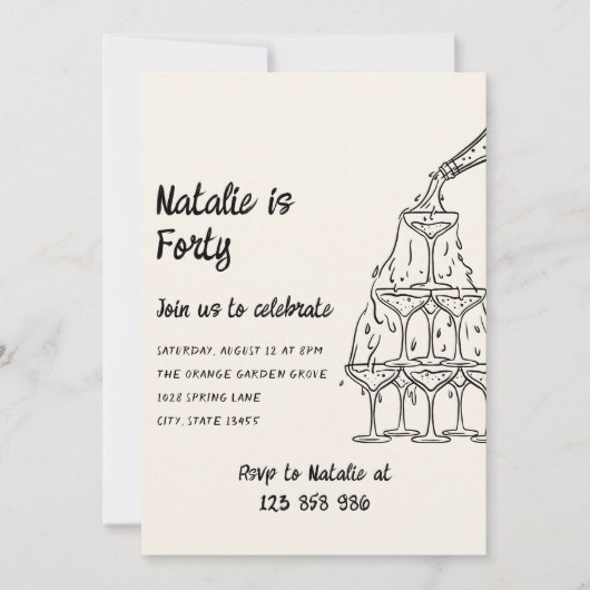 Vierzig Illustrierter Champagnerturm 40. Geburtsta Einladung (Vorderseite)