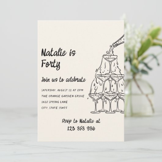 Vierzig Illustrierter Champagnerturm 40. Geburtsta Einladung (Stehend Vorderseite)