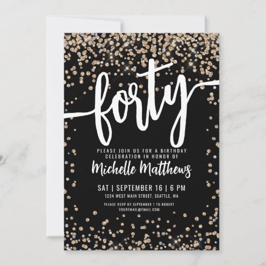 Vierzig Schwarze Gold 40. Geburtstag Einladung (Vorderseite)