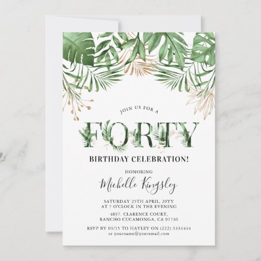 Vierzig tropische Wasserfarben Grünpflanzen 40. Ge Einladung (Vorderseite)