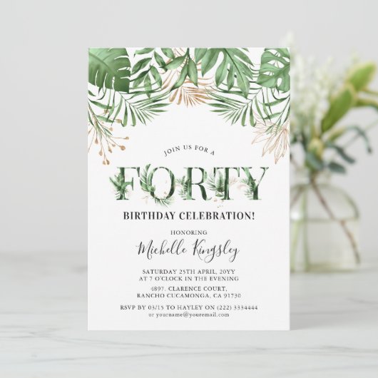 Vierzig tropische Wasserfarben Grünpflanzen 40. Ge Einladung (Stehend Vorderseite)