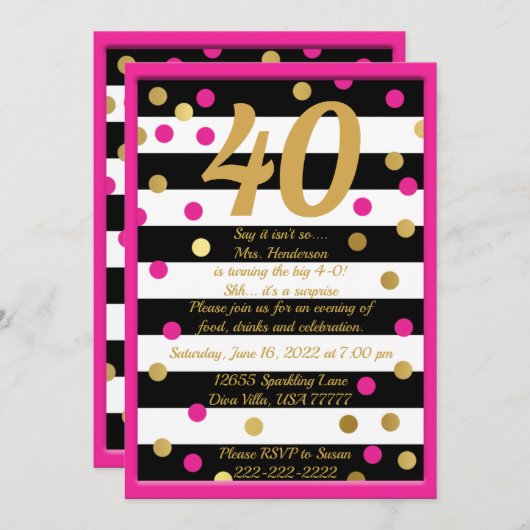 Vierzig und fabelhaft heißrosa Schwarz-weißer Gold Einladung (Vorne/Hinten)