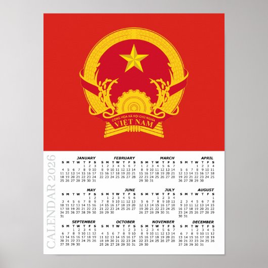 Vietnam 2026 Calendar, Large, Vietnamese Flag Poster (Vorne)