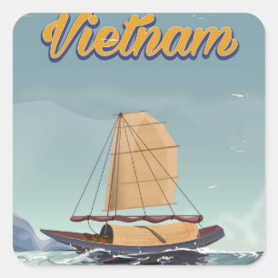 Vietnam Fischerboot Vintage Reiseplakat Quadratischer Aufkleber
