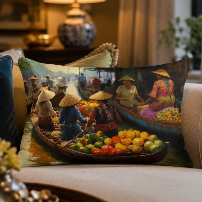 Vietnam Schwimmender Markt Kissen (Vietnamese Floating Market Oil Painting | Affordable Wall Art | Tropical Boat Southeast Asia Art | D)