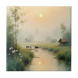 Vietnamese Morning Mist Village Watercolor Art Fliese