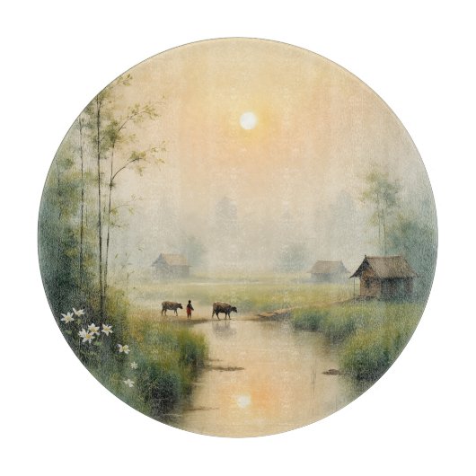 Vietnamese Morning Mist Village Watercolor Art Schneidebrett (Vorderseite)