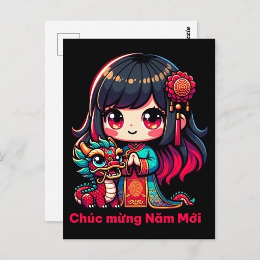 Vietnamesisches Neujahrsmädchen & Red Dragon Postkarte (Vorne/Hinten)