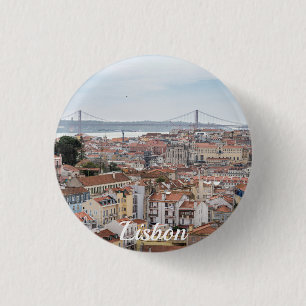 View of Lisbon old town and 25th of April Bridge Button