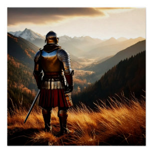 Vigil des mittelalterlichen Ritters bei Sunset Poster
