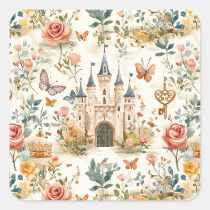 Viintage mittelalterliche Burg Blumen Fantasy Schm Quadratischer Aufkleber