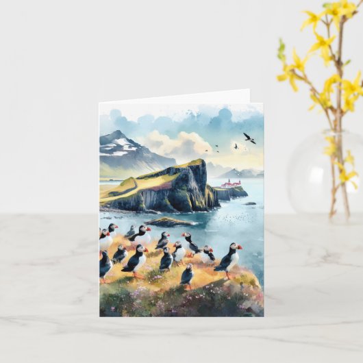Vik Island Puffins Wasserfarbe Karte (Gelbe Blume)