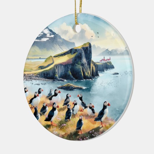 Vik Island Puffins Wasserfarbe Keramik Ornament (Links)