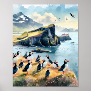 Vik Island Puffins Wasserfarbe Poster
