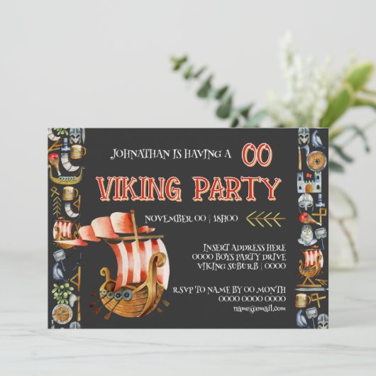 Viking Birthday Invitation Boys 1–7 Navy blue red Einladung (Stehend Vorderseite)