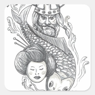 Viking Carp Geisha Head Tattoo Quadratischer Aufkleber