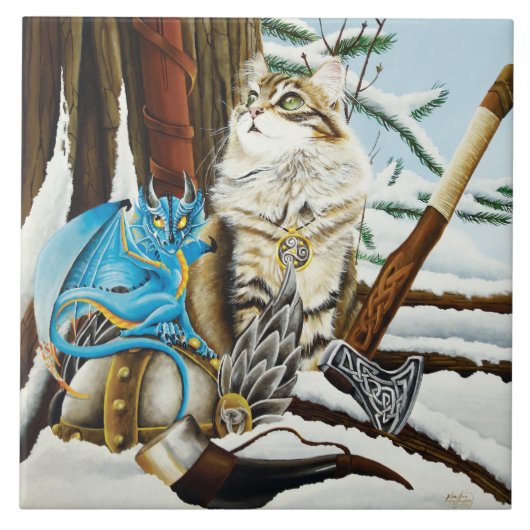 Viking Cat Blue Dragon Fliese (Vorderseite)