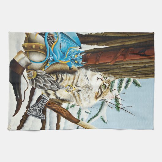 Viking Cat Blue Dragon Geschirrtuch (Horizontal)