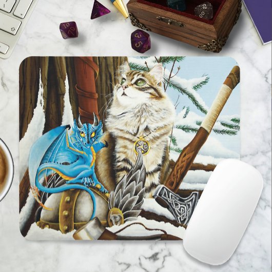 Viking Cat Blue Dragon Mousepad