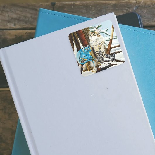 Viking Cat Blue Dragon Quadratischer Aufkleber