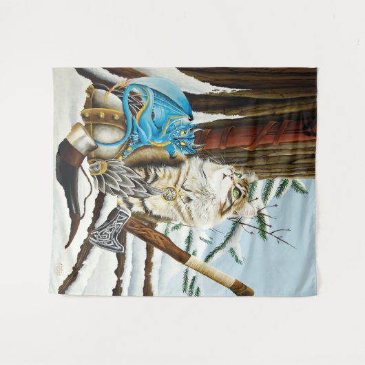 Viking Cat Blue Dragon Wandteppich (Vorderseite (Horizontal))