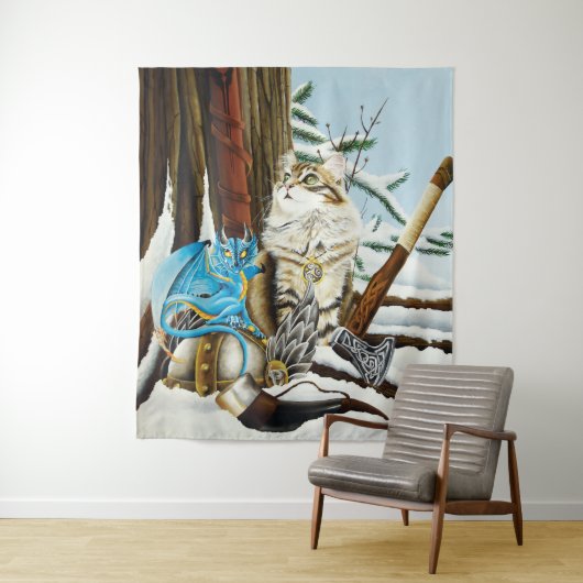 Viking Cat Blue Dragon Wandteppich (Beispiel)