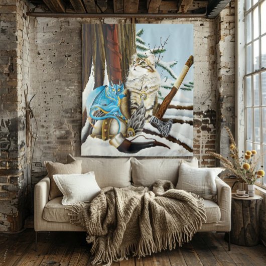 Viking Cat Blue Dragon Wandteppich