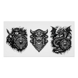 Viking, Dragon & Shield Maiden – Nordic Mythic Ink Poster