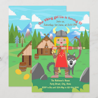 Viking Girl mit Bogen und Wolf Begleiter Geburtsta Einladung