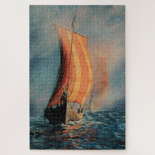 Viking Langboot mit Segel auf dem Meer Puzzle