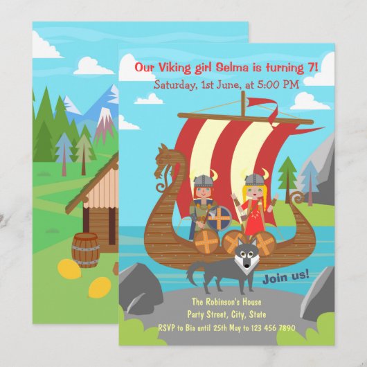 Viking Mädchen und Junge auf dem Schiff Geburtstag Einladung (Vorne/Hinten)