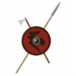 Viking Ravenschild und Waffen Fotoskulptur Magnet<br><div class="desc">Eine 3D-Darstellung eines Wikingerschilds zusammen mit einer Schlachtaxt und Speer. Der Schild ist mit einem schwarzen Raben (Corvus corax) aus rotem Leder dekoriert. Fügen Sie Ihren eigenen Text hinzu. Die Methoden und Materialien, die beim Bau der Wikingerschilde verwendet werden, variierten je nach Ort und Zeit. Diese Rekonstruktion basiert auf bekannten...</div>