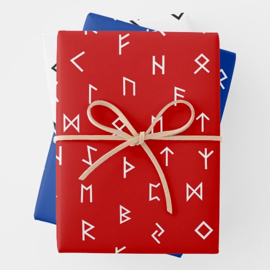 Viking Runen Muster auf rotem, blauem, weißem Hint Geschenkpapier Set (Beispiel)