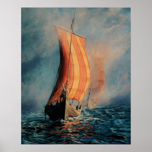 Viking Schiff, das in Nebel auf See/Ozean segelt,  Poster (Vorne)
