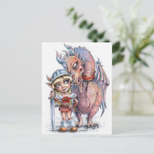 Viking Troll Girl mit ihrem Drachen Postkarte (Stehend Vorderseite)