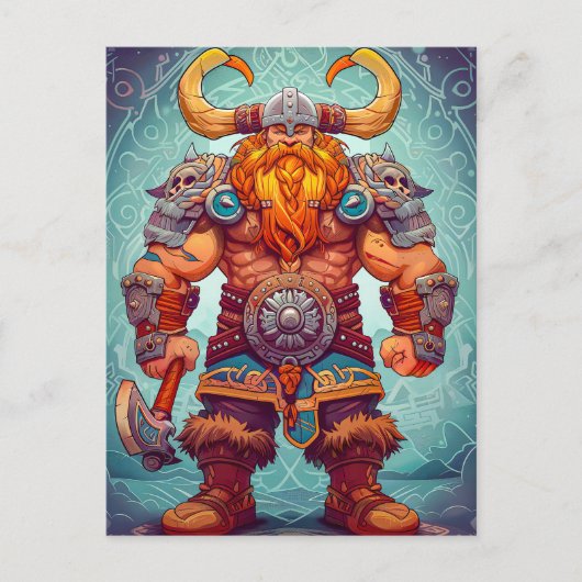 Viking Warrior mit Ax Norse Mythology Comic Postkarte (Vorderseite)