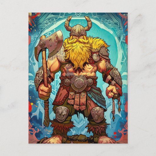 Viking Warrior mit Ax Norse Mythology Comic Postkarte (Vorderseite)