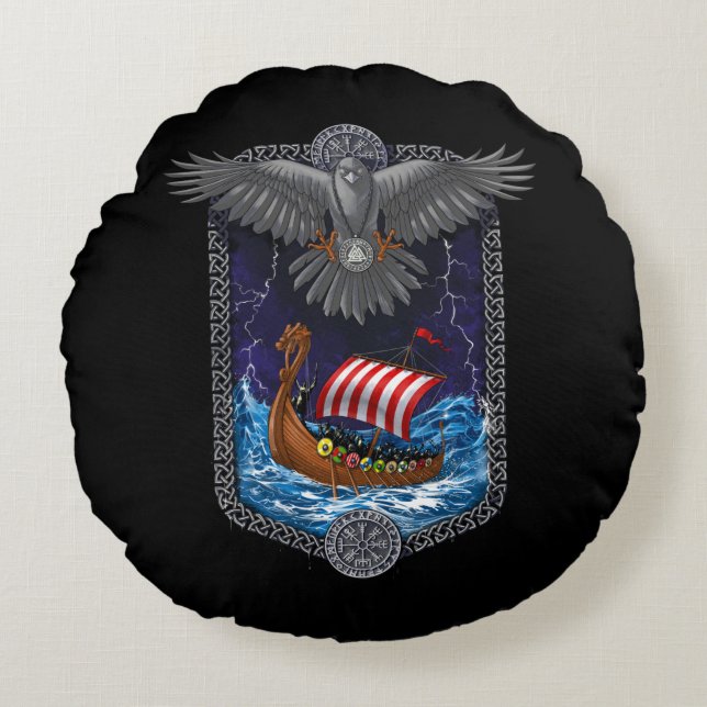 Viking Warrior Ship Raven Rundes Kissen (Vorderseite)