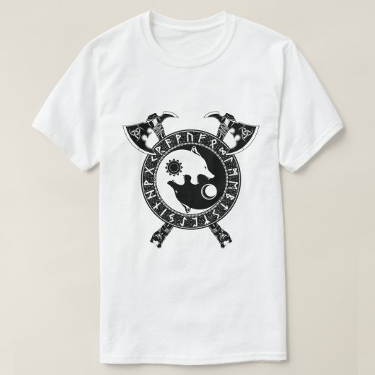 Viking Yin Yang Wolf und Ax T-Shirt (Design vorne)