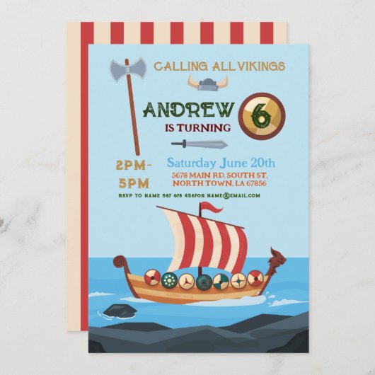 Vikings Birthday Boat Warrior Ax Einladung (Vorne/Hinten)