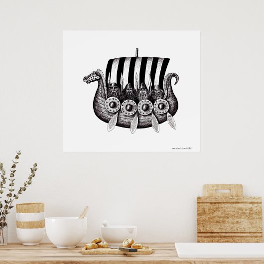 Vikings in Schwarz-Weiß-Tinte in Drekar zeichnend Poster (Küche)